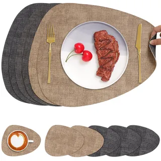 Chitomars Tischsets Kunstleder und Untersetzer, Tischsets Abwaschbar Doppelseitigen rutschfest Platzsets Rund Lederoptik Platzdeckchen Teller Untersetzer (6er Set, Grau Beige)