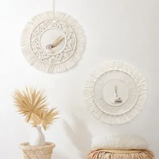 Set Mit 2 Runden Makramee-wandspiegeln Mit Fransen, Hängespiegel, Boho-kunstdekor Für Wohnung, Haus, Schlafzimmer, Wohnzimmer (beige, 2 Stück) Npterbl