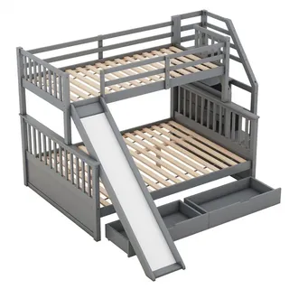autolock Hochbett Kinderbett,90 x 200 über 140 x 200 Etagenbett mit Schubladen Stauraum und Rutsche, multifunktional grau