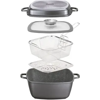STONELINE STONELINE® Multi-Eckpfanne, 28 x 28 cm, mit Dampf- und Frittierfunktion, induktionsgeeignet, Aluguss, Antihaftbeschichtung mit echten Steinpartikeln, grau