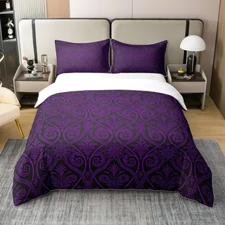 100% Baumwolle Lila Schwarz Ombre Floral Bettwäsche Set für Mädchen Frauen 200x200,Gotische Barock Damast Tröster Bezug Böhmische Exotische Bettbezug Vintage Viktorianischen Stil Bequeme Quilt Cover
