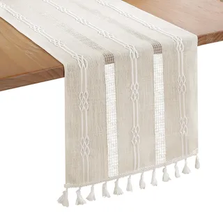 Bigqin Tischläufer Beige, 180 x 33 cm waschbares Tischband Boho Landhausstil Tischdekoration Table Runner mit Quasten für Geburtstage & Hochzeite
