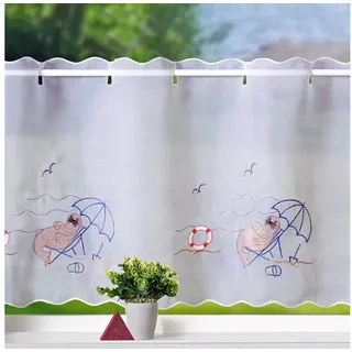 heimtexland Scheibengardine Badezimmer Deko Gardine maritim bestickt 45x112 cm (1 St), Ösen, transparent, Voile, Bistrogardine I farbige Stickerei I Fensterdeko Seehund weiß