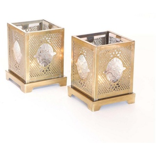 Casa Moro Windlicht Orientalisches Windlicht Mahir aus Glas & Metall (Ramadan Weihnachten Deko Teelichthalter Antik-Gold Look, 2 St), Marokkanische Glas Laterne für drinnen & draußen