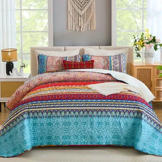 WONGS BEDDING Böhmisches Steppdecken-Set mit Boho-Streifenmuster, Bedruckte Steppdecke für alle Jahreszeiten, weiche Mikrofaser, Boho-Tagesdecken-Set, 198,1 x 228,6 cm, 3-teilig, voll