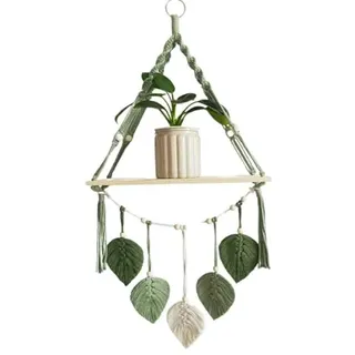 90x40 cm Boho Makramee Holzregal Wandbehang Makramee Girlande Gewebte Blatt Wandteppich Wandregal Wanddeko für Wohnzimmer, Schlafzimmer, Badezimmer, Flur (Grün)