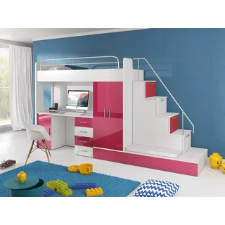 Möebel für Dich Hochbett TOMI - Schreibtisch, Schrank, Treppe und Gästebett mit Hochglanz-Fronten in weiß/schwarz/rosa/grau/lila/blau (rosa)
