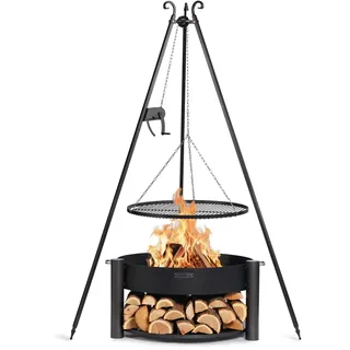 SET: Feuerschale „MONTANA“ 80 cm mit Schwenkgrill 180 cm mit Kurbel und Grillrost aus Rohstahl 70 cm