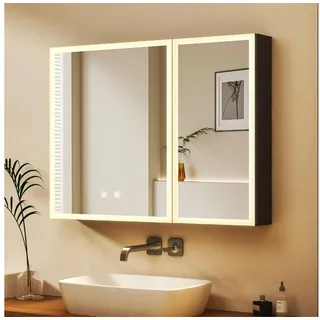 WDWRITTI Badezimmerspiegelschrank mit Beleuchtung 80 x 60 cm, Spiegelschrank Schwarz mit touch, 2 türen (Alu Schrank, Doppelseitiger Spiegel, 3Lichtmodi, Dimmbar, Anti-fog, Memory) mit Netzadapter, Verstellbare Glasböden schwarz 80 cm x 60 cm x 12.5 cm