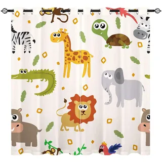 YUANZU Afrikanische Tiere Vorhänge AFFE Giraffe Schildkröte Zebra Elefant Löwe Hippo Papagei Ösen Gardinen mit Blickdichte Vorhang Blackout Curtain Kinderzimmer Schlafzimmer 2 Stück, H 245 x B 140 cm