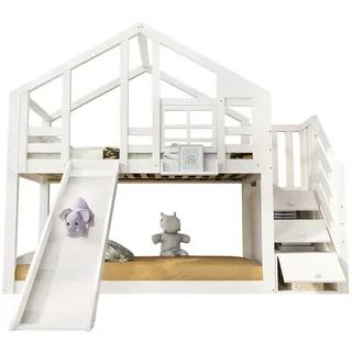 Okwish Etagenbett Baumhaus 90 x 200 cm Kiefer massiv weiß