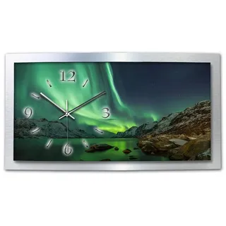 Kreative Feder Funkwanduhr „Polarlicht“ 3D Designer Wanduhr aus Alu, leise (ohne Ticken; Quarz oder Funkuhrwerk; verschiedene Größen) grün 50 cm x 30 cm