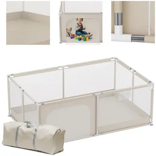 Laufstall Laufgitter 120 x 180 cm Krabbelgitter mit atmungsaktivem Netz Playpen Tragetasche Laufgitter faltbar mit Tür von 6 bis 36 Monaten Beige - Beige