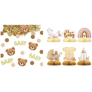 Rainway Babyparty Deko mit 100 Stück 3 Muster Konfetti, 6 Stück Babyparty Tischaufsteller, Konfetti Baby Shower Tischdeko Set, Bienenwaben Mittelstück, Tischdeko für Gender Reveal Party uvm