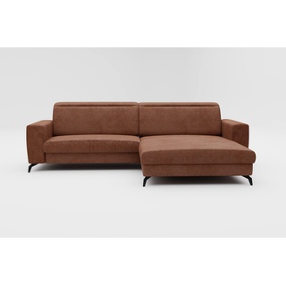 CAVADORE Ecksofa Bounce in Vintage-Leder-Optik / L-Form-Sofa mit Longchair + mattschwarzen Metallfüßen / 290 x 88 x 178 / Mikrofaser, Sattelbraun