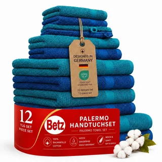 Betz 12-TLG. Handtuch-Set Palermo 100% Baumwolle 2 Liegetücher 4 Handtücher 2 Gästetücher 2 Seiftücher 2 Waschhandschuhe Farbe blau und Petrol