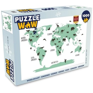 MuchoWow Puzzle Weltkarte - Kinder - Tiere - Grün - Junge - Mädchen, 1000 Puzzleteile, Foto-Puzzle, Bilderrätsel, Puzzlespiele, Klassisch bunt