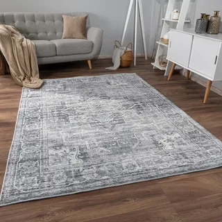 Paco Home Teppich Wohnzimmer Schlafzimmer Kurzflor rutschfest Weich Vintage Orientalisch Mandala Modern Bordüre Ornament, Grösse:80x150 cm, Farbe:Grau