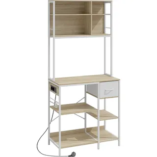 HOMCOM Küchenregal mit Steckdosen und USB, Beistellregal für Mikrowelle, 8 Ablagen, 6 Haken, Stoffschublade, für kleine Räume, 80x40x181 cm, Eiche   Aosom