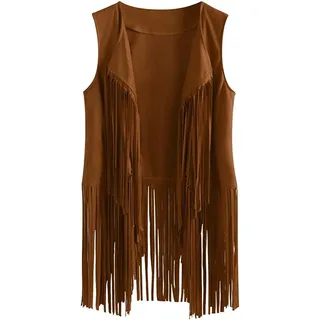 MIMIKRY Fransen Weste in Wildleder-Optik Cowgirl Hippie Indianerin Boho Festival 60er Jahre Western, Größe:XL, Farbe:Braun - XL