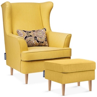 Konsimo Ohrensessel STRALIS Sessel mit Hocker, zeitloses Design, hohe Füße, inklusive dekorativem Kissen gelb