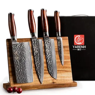 YARENH Damastmesser Set 5 er, Scharfe Messer aus 73 Lagen Damaststahl Klinge und Holzgriff, Messer Set mit Messerblock aus Holz und Hackmesser - chinesisches kochmesser HTT-Serie