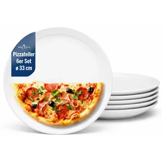 Van Well 6-er Set italienische Pizzateller groß ø 33cm weiß – Porzellan XL Teller für Pizza & Pasta – Mikrowellen geeignet, spülmaschinenfest, gut stapelbar – Gastronomie- und zu Hause Geschirr