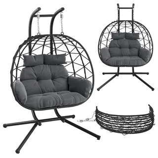 STEELSØN Alarian XXL Hängesessel 2 Personen mit Gestell, Schwarz, 220 kg | Rattan Hängestuhl Outdoor & Indoor mit Kissen, Hängekorb höhenverstellbar, faltbar, Gartenschaukel Erwachsene/Kinder, Balkon