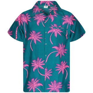 King Kameha Funky Hawaiihemd, Kurzarm, Palmshadow, Dunkelgrün Pink, M