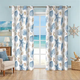Strandvorhänge mit Ösen, dekorativ, maritim, Seestern-Thema, wärmeisolierend, 50% lichtblockierend, Fenster-Verdunkelungsvorhang für Wohnzimmer, Schlafzimmer, 2 Paneele, 132 x 244 cm