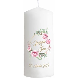 Livingstyle & Wanddesign Kerze zur Hochzeit mit Datum und Namen Blütenkranz, Hochzeitskerze weiß, personalisierte Traukerze 7,9x20cm