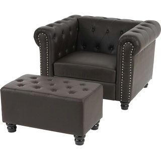 Mendler Luxus Sessel Loungesessel Relaxsessel Chesterfield Kunstleder ~ runde Füße, braun mit Ottomane