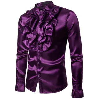 YAROVA Herren Business Langarmhemd -Frühling Sommer Männer Vintage Satin Rüschenhemden Langarm Stehkragen Einfarbig Schlank Kleid Hemd Business Party Hochzeit Tops