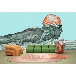Living Walls Vliestapete LIVING WALLS "Fototapete Schwimmer Illustration Türkis Rot", blau, B:2,5m H:0,02m L:5m, Vlies, Tapeten