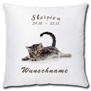 TRIOSK Kissen Katzenmotiv mit Namen personalisiert Sternzeichen Skorpion Dekokissen Katze lustig Geschenk für Katzenliebhaber Frauen Mädchen Kinder 40x40 Weiß Grau