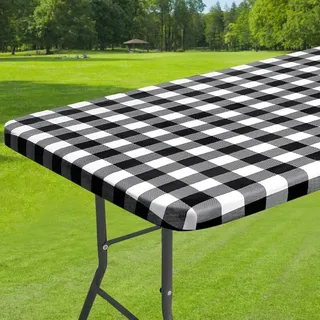 Rechteckige, Schwarz-weiß Karierte Vinyl-tischdecke Mit Elastischen Kanten. Wasserfest Und Leicht Zu Reinigen. Für Tische Mit Einem Durchmesser Von 109–142 Cm.