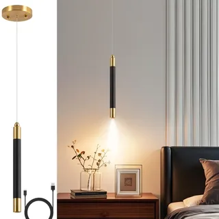 Akku Pendelleuchte Gold/Schwarz LED Hängelampe mit Batterie,7500mAh LED Hängeleuchte Touch Dimmbar 3 Farben,Höhenverstellbar, Zylinder Pendelleuchte Batteriebetriebene für Nachttisch Schlafzimmer