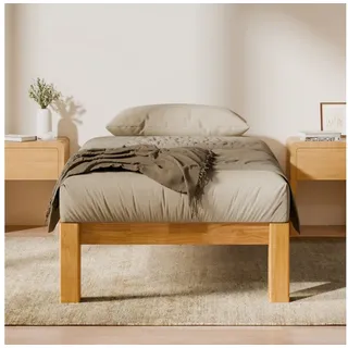 FLEXISPOT Bettgestell 90/140/160/180x200 cm aus Gummibaumholz, Futonbett aus Massivholz (Massivholz-Plattformbett aus 100 % Gummibaumholz, bis 700KG, 10 Jahre Garantie, inkl. Lattenrost), Werkzeuglos & Zapfenverbindung, japanisches bett, JAPANDI, Hako G2 beige 90 cm x 200 cm