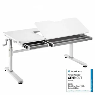 HOKO Kinderschreibtisch höhenverstellbar für Kinderzimmer (120x60 cm Schreibtisch, Jugendschreibtisch mit 80x40 cm neigbarer Tischplatte & 2 Schubladen), verstellbar 54-76 cm, bis 100 kg, für Kinder ab 6 Jahren, Weiß, ELIN