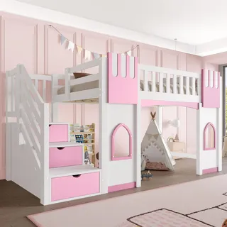 BTM Holz Kinderbett 90x200 cm Hochbett mit Treppe und Fenster Kinderhochbett mit Rausfallschutz und Stauraum, Weiß+Rosa