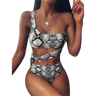 TSWRK Damen Bikini Set One Shoulder Swimsuits Leopard Schlange Print Beachwear High Waist Bademode - S