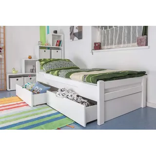 Einzelbett/Gästebett "Easy Premium Line" K1/2n inkl. 2 Schubladen und 2 Abdeckblenden, 90 x 200 cm Buche Vollholz massiv weiß lackiert