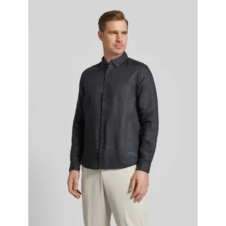 Regular Fit Leinenhemd mit Label-Stitching, Black, L