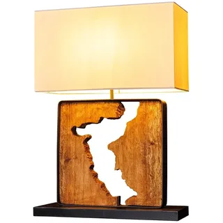 Tischleuchte Holz Eisen Stoff 58 cm hoch Natur eckig E27 Unikat Tischlampe