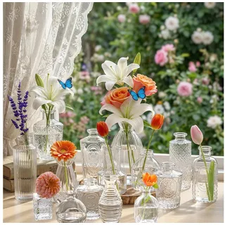devesanter Dekovase Set, 15 Mini-Glasvasen, Retro-Dekovasen für Schreibtisch, Fensterbank (15 St) weiß