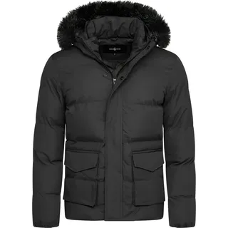 SOULSTAR Herren Winterjacke S2RISOR Parka Lang Puffer Jacke mit Kapuze & abnehmbarem Kunstfell Pufferjacke - Schwarz - L