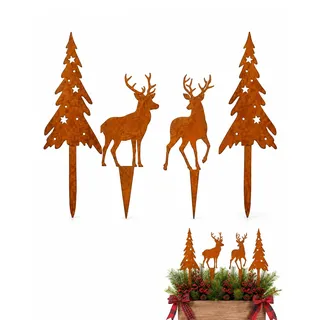 Luxorium 4er Set Gartenstecker Weihnachten Rostoptik – Tannenbaum und Hirsch Weihnachtsdeko für draußen, Edelrost Gartendeko für Außenbereich