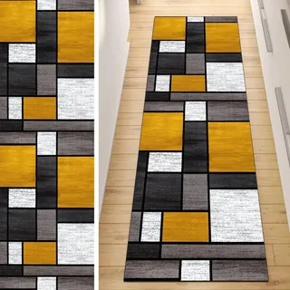 QQrunner Läufer Teppich Flur Lang rutschfest Kücheläufer Waschbar Gelb Grau 80x150cm Meterware Patchwork Teppichmatten Waschbar Korridor Wohnzimmer Schlafzimmer 40-120cm Breit, Anpassbare Größe
