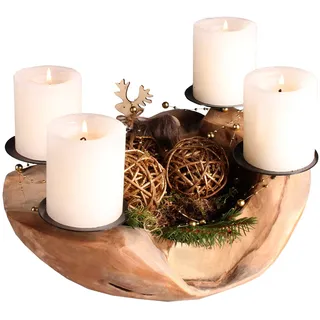 GARDENho.me Deko Schale Teakholz Adventskranz Ø 20-25 cm mit 4 Kerzenpicks