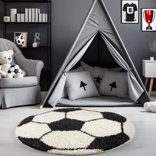Carpetsale24 Kinderteppich Rund 100 cm Schwarz Weiß – Weicher Hochflor Spielteppich mit Fußball Motiv – Pflegeleicht & rutschfest – Ideal für Jungenzimmer & Mädchenzimmer im Jugendstil